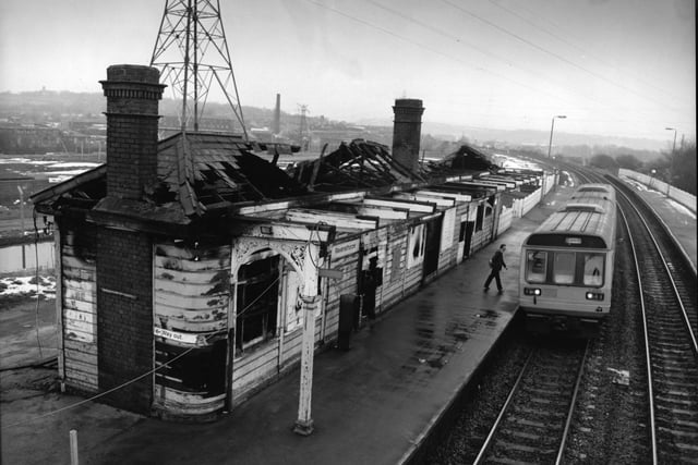 Fire damaged buildings at Ravensthorpe Railway Station near Dewsbury.