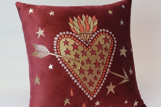 Limited edition from Leeds designer Mary Benson - The Flaming Heart hand printed velvet heart cushion, £55 at marybenson.london.