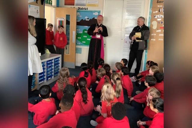 The Bishop with the school's year 3 class; he spoke to the children in all the classes and concluded his visit by meeting members of the teaching and support staff.
