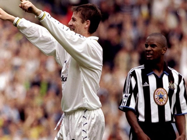 Michael Bridges celebrates scoring against Newcastle United during the Premiership clash at Elland Road in September 1999. Leeds won 3-2.