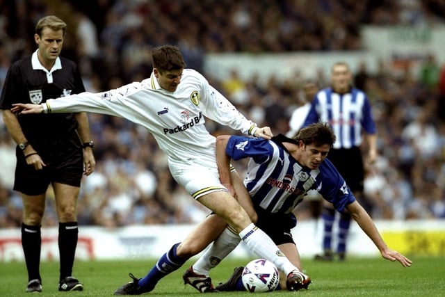 Michael Bridges challenges Sheffield Wednesday's Danny Sonner during the Premiership clash at Elland Road in October 1999. Leeds won 2-0.