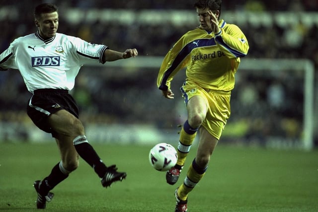 Michael Bridges avoids a challenge by Derby County's Jacob Laursen during the Premiership clash at Pride Park in December 1999.