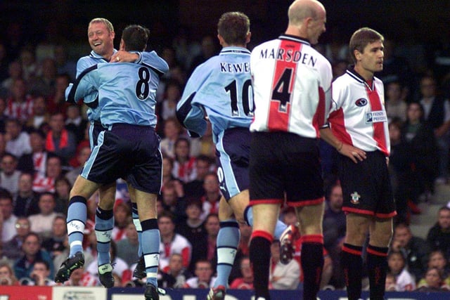 Michael Bridges celebrates scoring with David Batty against Southampton during thePremier League match at The Dell in August 1999.