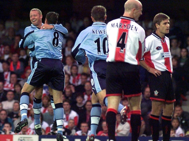 Michael Bridges celebrates scoring with David Batty against Southampton during thePremier League match at The Dell in August 1999.