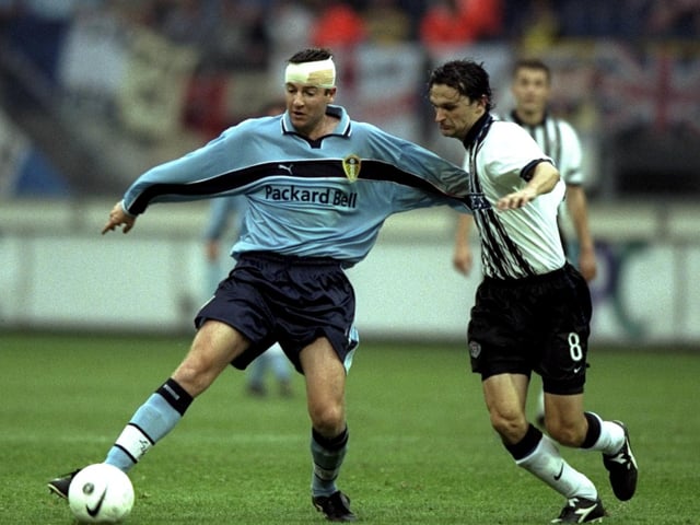 Michael Bridges challenged by Partizan Belgrade's Goran Trobok during the UEFA Cup first round, first leg clash at the Abe Lenstra Stadium in Heerenveen in September 1999. Leeds won 3-1.