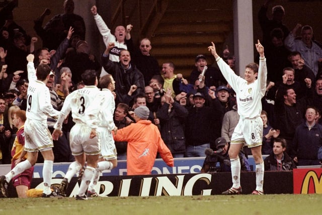 Michael Bridges celebrates scoring against Bradford City during the Premiership clash at Valley Parade in March 2000.