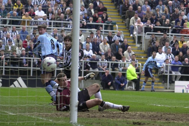 Michael Bridges watches the second goal go in from a Jason Wilcox free kick during Leeds United's Premiership clash against Newcastle United at St James's Park in April 2000.
