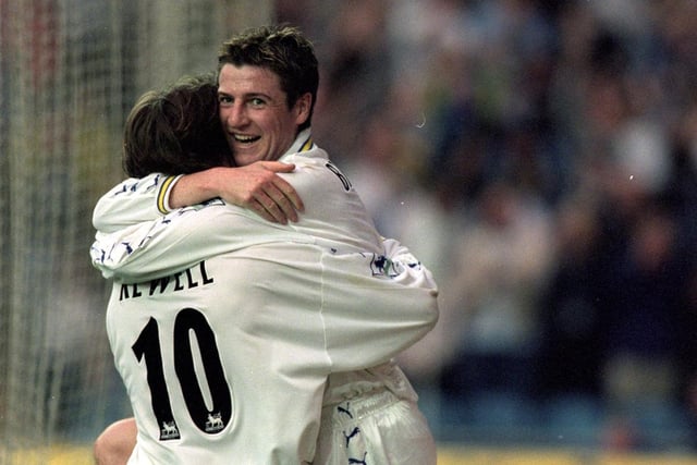 Michael Bridges celebrates scoring with Harry Kewell during the Premiership clash against Everton at Elland Road in May 2000. The game finished 1-1.