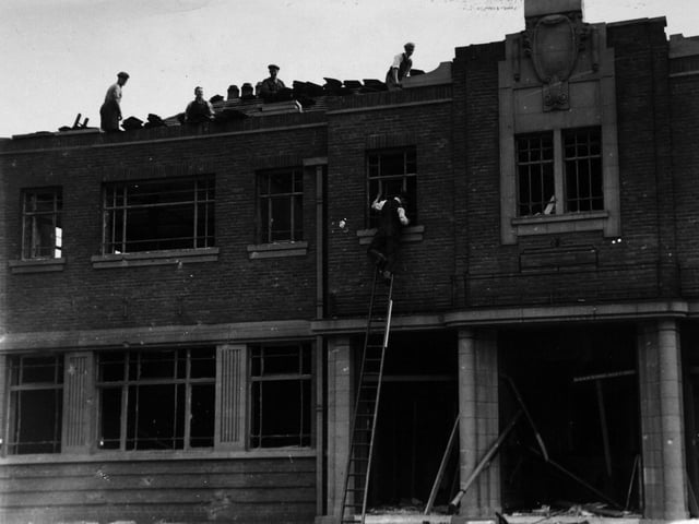 The new Woodpecker Inn, at the junction of York Road and Marsh Lane, undergoing rebuilding work after being damaged during the air raid on Leeds on the night of August 31, 1940.
