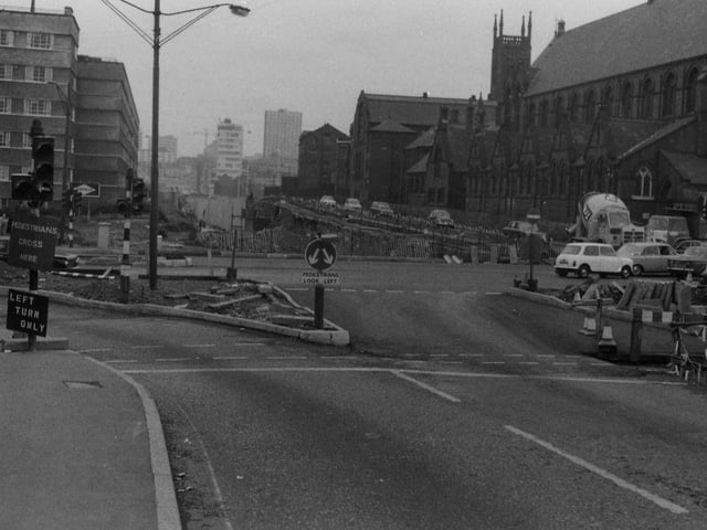 York Road at the Woodpecker Junction looking towards New York Road and the flyover and into the city centre in the early 1970s. Quarry Hill Flats, which were soon to be demolished, are on the left, with Kitson House facing forward onto Marsh Lane and Lupton House facing towards the right.
