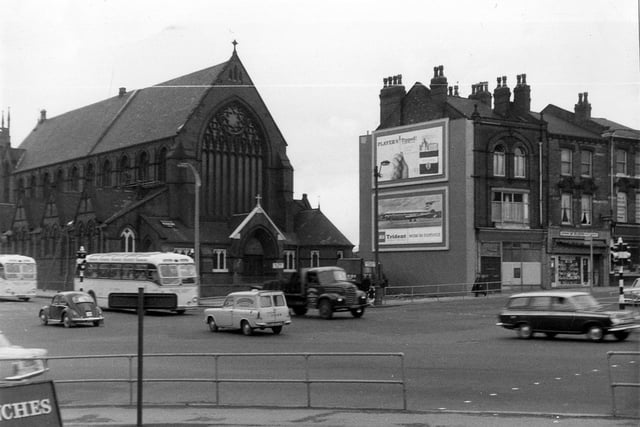 St. Patrick's Roman Catholic Church standing at Woodpecker Junction in May/June 1964. The coaches are in New York Road, the properties to the right are in Burmantofts Street, Marsh Lane goes off from the bottom left-hand corner and York Road is the junction at the right edge. The Woodpecker pub is off camera, bottom edge.