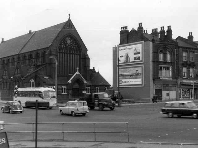 St. Patrick's Roman Catholic Church standing at Woodpecker Junction in May/June 1964. The coaches are in New York Road, the properties to the right are in Burmantofts Street, Marsh Lane goes off from the bottom left-hand corner and York Road is the junction at the right edge. The Woodpecker pub is off camera, bottom edge.