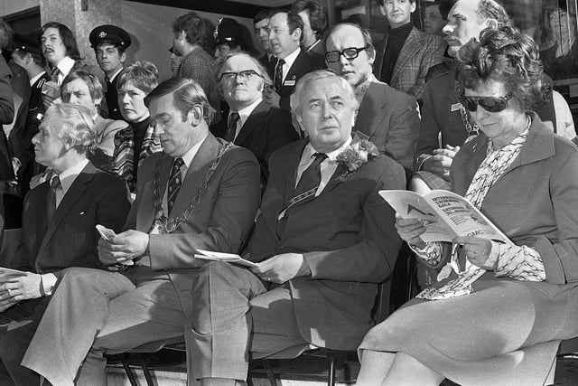 Harold Wilson, who had resigned as Prime Minister 4 days earlier, with wife Mary and officials at the English Schools Swimming International organised by local teachers at Wigan International Pool on Saturday 20th of March 1976.