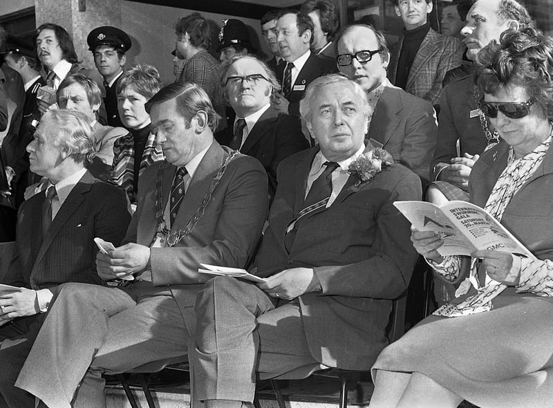 Harold Wilson, who had resigned as Prime Minister 4 days earlier, with wife Mary and officials at the English Schools Swimming International organised by local teachers at Wigan International Pool on Saturday 20th of March 1976.
