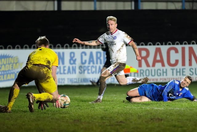 Wakefield AFC striker Jake Morrison sees his shot saved. Picture: mm10_sports_photo