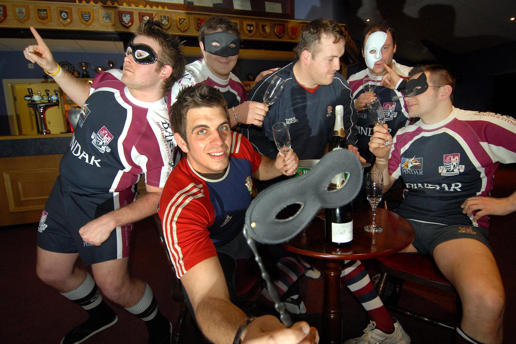 Scarborough Rugby team gets ready for the masquerade ball with Ian Parkes, Ian Williams, Nick Ingham, Matty Jones, Paul Robson and Graeme Jeffrey.
