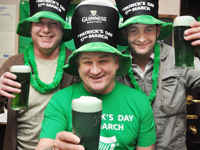 A scarborough pub is all set for a grand St Patrick's Day celebration complete with green beer. Castle Tavern landlord Jimmy Rice, centre, pictured with regulars Mac McDowell, left, and John Hood.