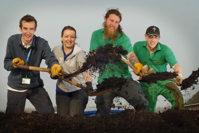 Soil improver giveaway at Filey Country Park: Recycling Waste Manager Harry Briggs, Recycling Education Officer Donna Gaddass, staff Alex Willis and Rob Graham