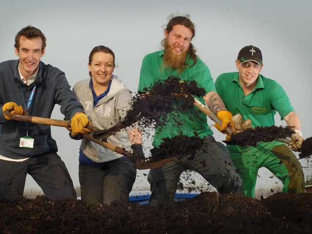 Soil improver giveaway at Filey Country Park: Recycling Waste Manager Harry Briggs, Recycling Education Officer Donna Gaddass, staff Alex Willis and Rob Graham