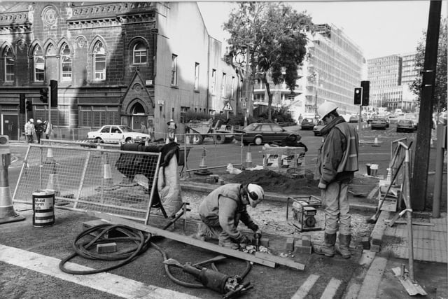 Workers busy on the inner city loop road project near Leeds General Infirmary in October 1992.
