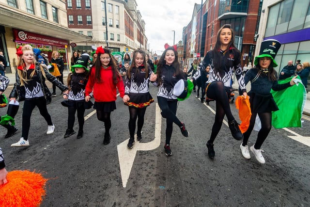 Dancers jigged alongside other marchers at the Leeds St Patrick's Day Parade.