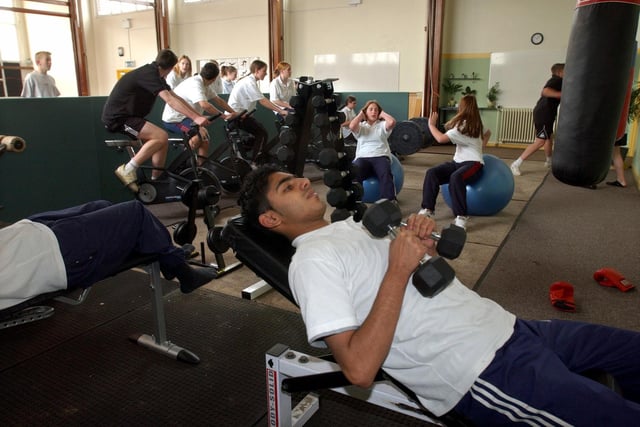 Pupils in the new fitness suite at Earlsheaton High School, Dewsbury, 2004.