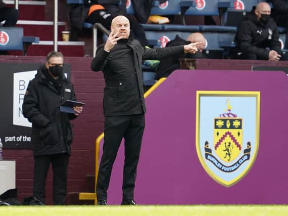 Burnley's English manager Sean Dyche reacts during the English Premier League football match between Burnley and Newcastle United at Turf Moor in Burnley, north west England on April 11, 2021.