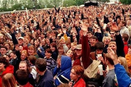 Thousands of fans gather to see The Verve on stage at Haigh Hall in 1998