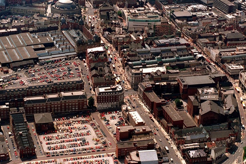 The length of Vicar Lane towards the Corn Exchange (top of picture), passing Markets seen on left. Briggate can be seen toward right of picture.