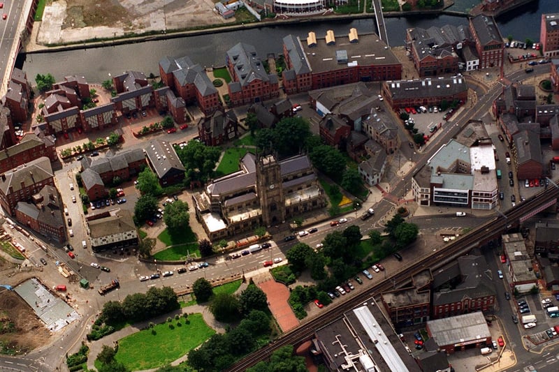 Leeds Parish Church is featured in the centre of this picture with Crown Point Bridge seen upper left.