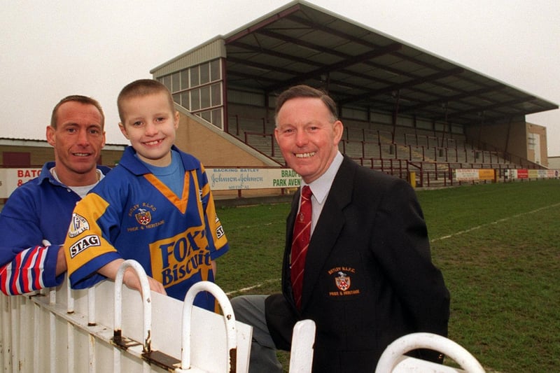 Three generations in front of the new stand at Batley RL in January 1996. Pictured is Ron Earnshaw (right) with his son Rob and grandson Lee.