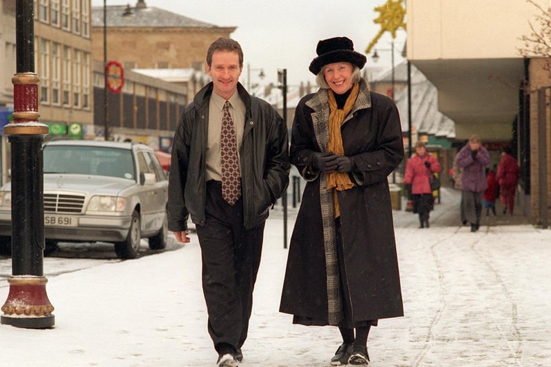 Environment Concern for Batley managers Bill Guinan and Gwen Wright stroll along a wintery High Street, which they hoped to transform in the Spring to win a Britain in Bloom award.