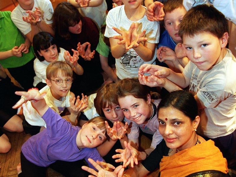 Shanta Rao, resident dancer at Bagshaw Museum in Batley, shows Year 7 pupils at Birstall Primaryhow to perform hand movements associated with Indian dance.