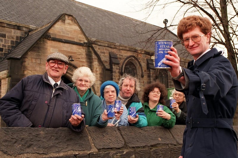 Captain Richard Martin (right) of Holy Trinity Church in Batley, hands out free EU beef to local people in March 1996.