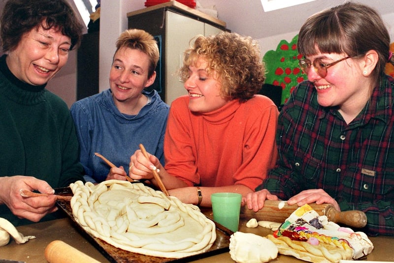 Community groups in Batley created a series of salt dough sculptures depicting the seven stages of human development in March 1996. Pictured are Chris Coe, June Allinson, Jill Stanley, Gail Smith.