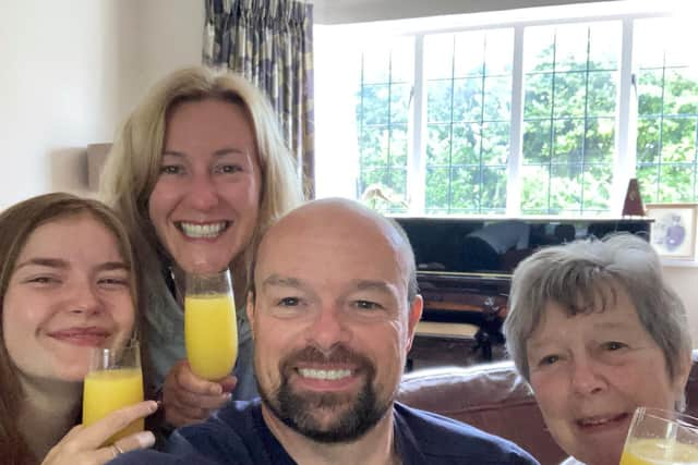 From left: Tom Pidcock's girlfriend Beth Zajac, parents Sonja Harper and Giles Pidcock, and nan Christine Pidcock celebrating his Tokyo Olympics win. Image: Sonja Harper/SWNS