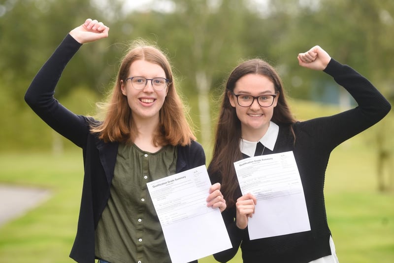 Sophie Hird and Ella Peebles celebrate their results. Sophie achieved two A*s in psychology and geography and an A in maths. Ella achieved three A*s in English language, English literature and media studies, plus an A for her extended project.
