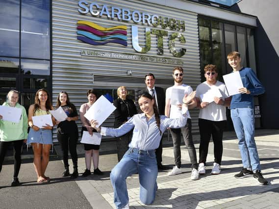 A level results at Scarborough's UTC - Cally Allen celebrates with fellow students and Rachel Fearne-Hough and Principal Lee Kilgour