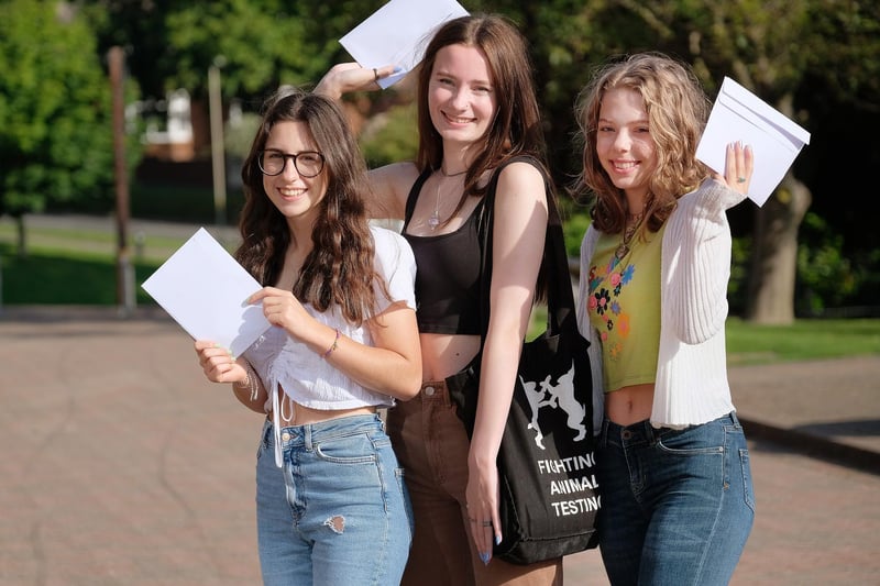A level results at Scarborough Sixth Form College - Martina Mazzocato, Scarlett Rowell, Terri-Ann Saltmer all smiles with their results
