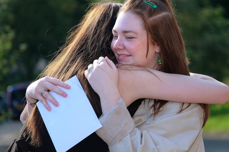 A level results at Scarborough Sixth Form College - Mollie Hogg is congratulated by a friend