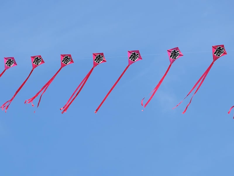 A string of kites in flight.