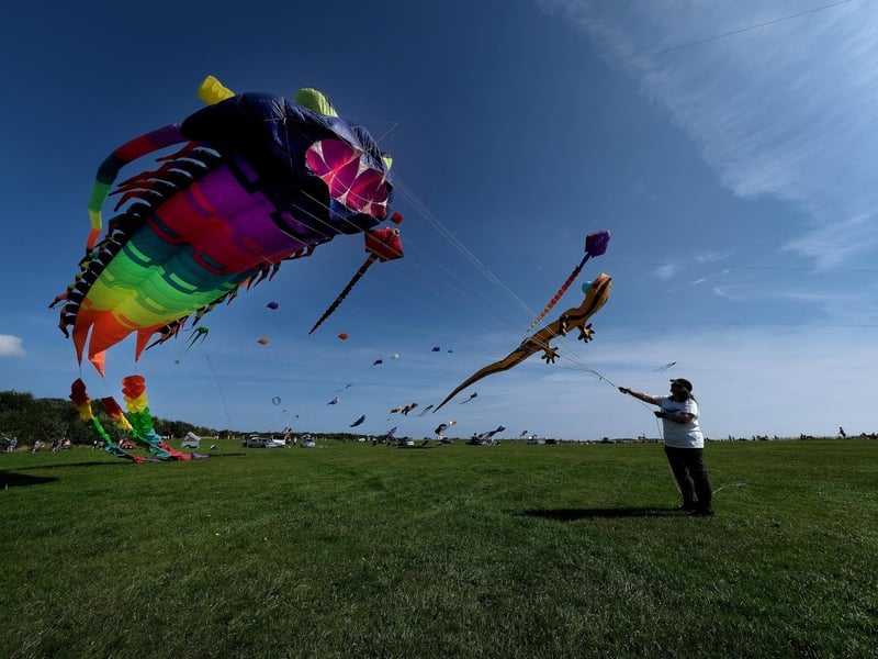 Sarah Bindon flies her kite into the blue sky.