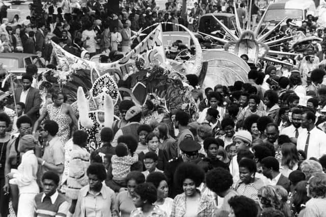 The Leeds West Indian Carnival parade makes its way down Chapeltown Road in August 1973.