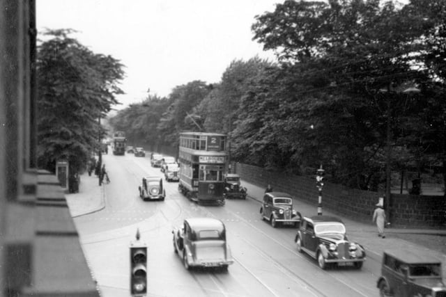 Otley Road in June 1937. North Lane is to the left, Wood Lane on the right. The wooded area to the right is now the Arndale Centre.