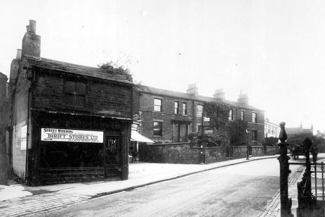 North Lane in October 1931. On the left is a former confectioners shop. The notice reads 'Street Widening, premises to be demolished. This business was due to be taken over by Thrift Stores Ltd.