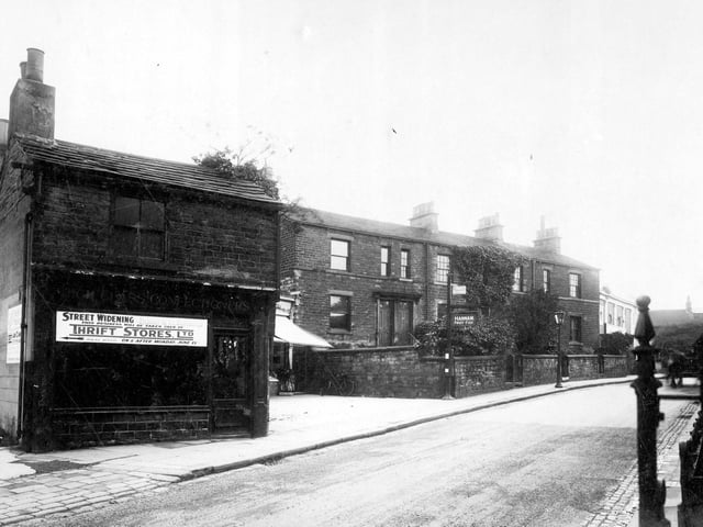 North Lane in October 1931. On the left is a former confectioners shop. The notice reads 'Street Widening, premises to be demolished. This business was due to be taken over by Thrift Stores Ltd.