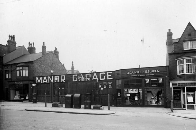 Manor Garage on Norville Terrace, Headingley Lane in April 1937. DS Forth, house furnisher can be seen on left with Peter Page, painter and decorator just visible on right.