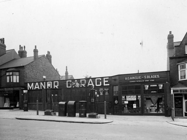 Manor Garage on Norville Terrace, Headingley Lane in April 1937. DS Forth, house furnisher can be seen on left with Peter Page, painter and decorator just visible on right.