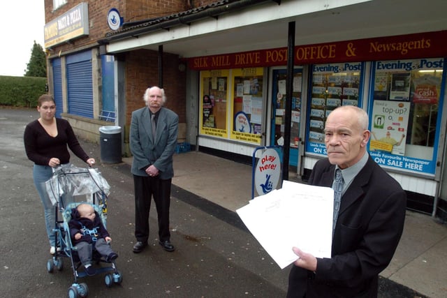 There was uncertainty over the future of Silk Mill Drive Post Office prompting community campaign group Tinshill Concern oragnise a petition. Pictured are 
chairman Joe Thoms (right) and committee member Stephen Jagger with local resident Kerry Keating and baby Kian.