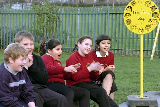 Ebor Gardens Primary School launched a friendshop stop on the playgound. Pictured are pupils, from left, Aaron Logan, Joe Hutley, Fattana Neda, Jade Hall and  Somaya Khaled.